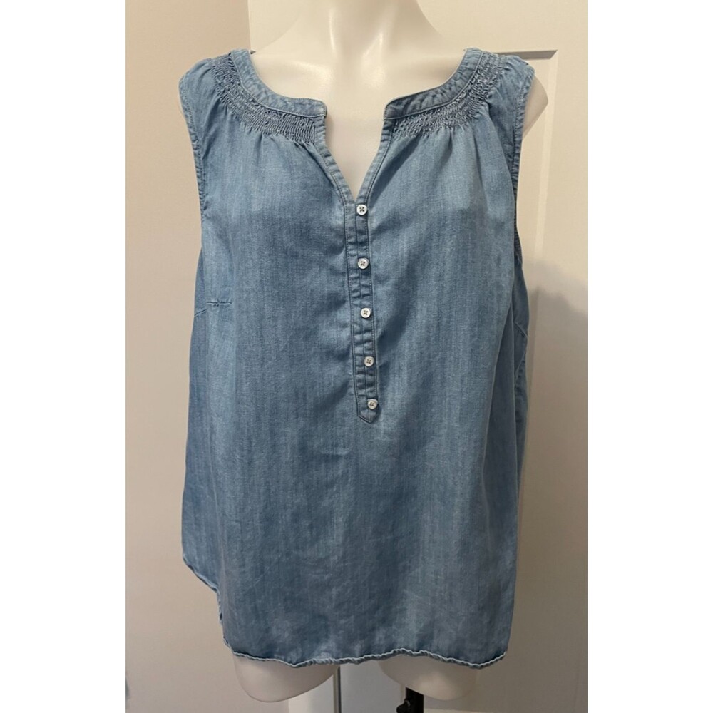 TALBOTS Womens TOP Sleeveless BLUE Denim Smocked Neck Size 1X